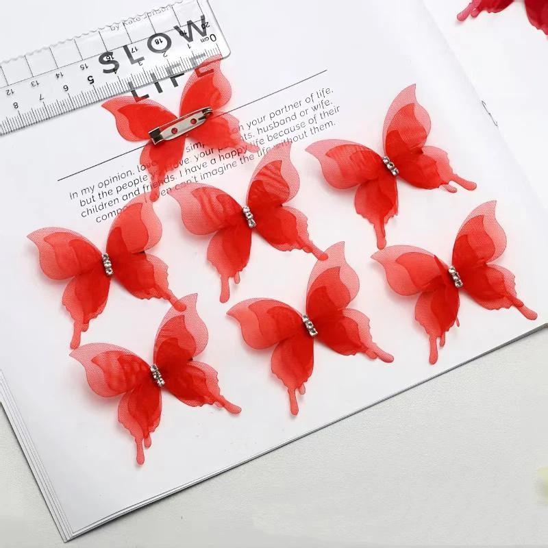 6 Colors 3D Tulle Butterfly Brooch Pins 10Pcs Rhinestone Organza Lapel Pins for Women Fashion Daily Wear Accessory