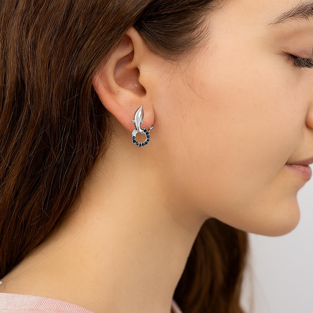Black Spinel Dolphin Stud Earrings - 925 Sterling Silver
