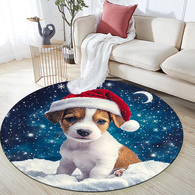 Christmas Puppy Round Area Rug,Carpet Rug for Living Room Bedroom Sofa Playroom Decor,Non-slip Floor Mat
