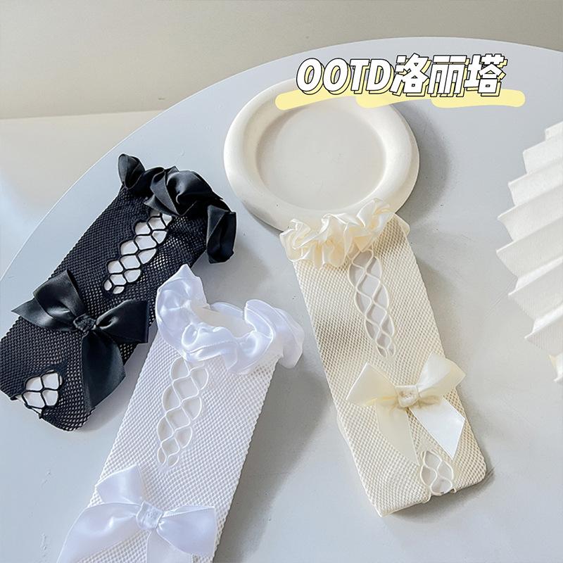 Socks women's medium tube socks summer thin hollow ribbon bow lace socks lolita jk socks