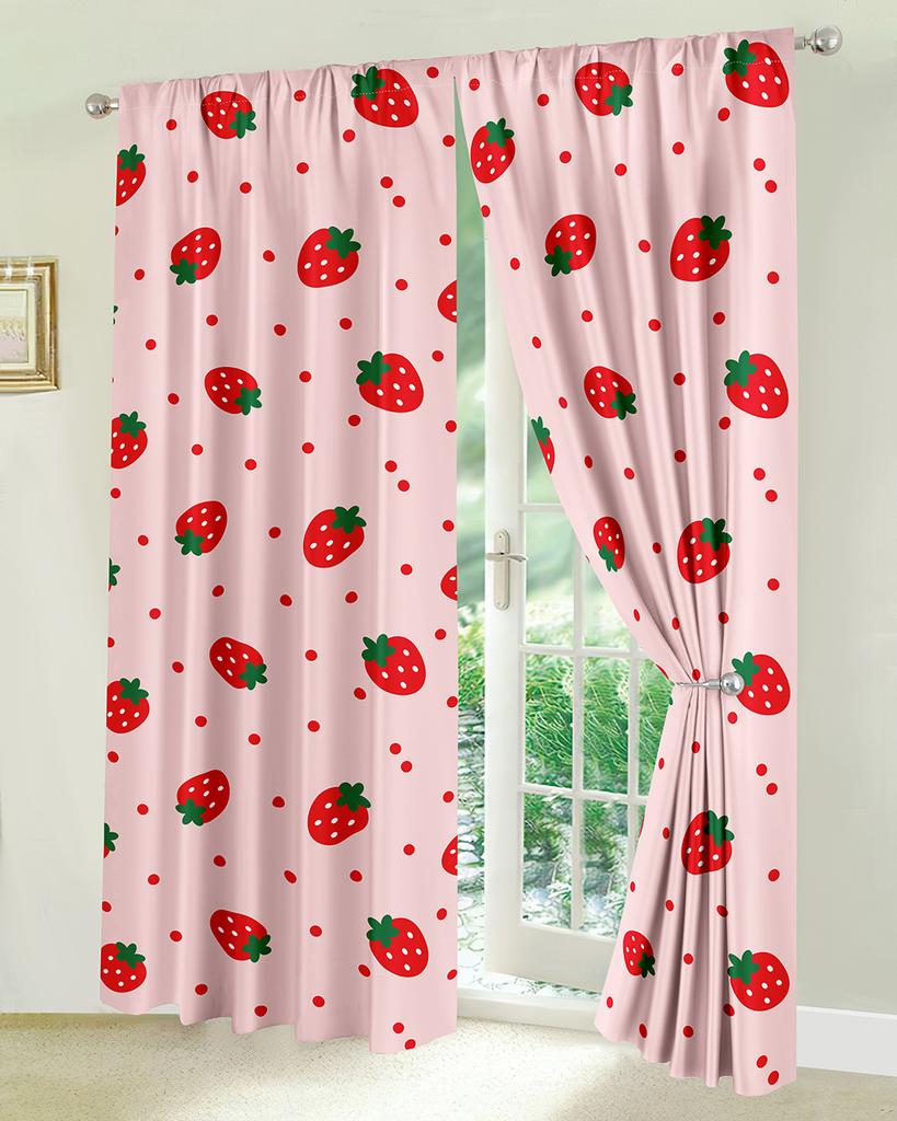1Set/2Pcs Strawberry Curtain for Bedroom Living Room Girls Pink Cute Fruit Print Curtain Kawaii Room Decor Strawberries Window D