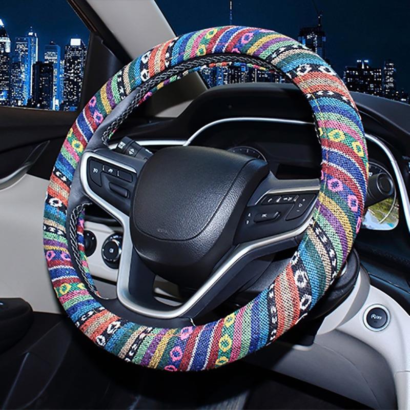 38CM Ethnic Style Coarse Linen Car Steering Wheel Cover Trendy Personalized Handle Wrap for Car Steering Wheels & Accessories