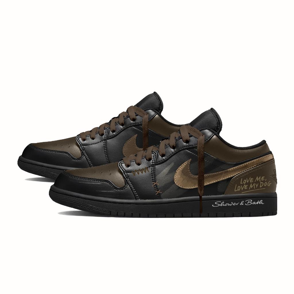 Jordan Air Jordan 1 Golden Trace Liebesbotschaft Leder Niedrig geschnitten Vintage Basketballschuhe Unisex Schwarz Gold 553558-093(Team861-)