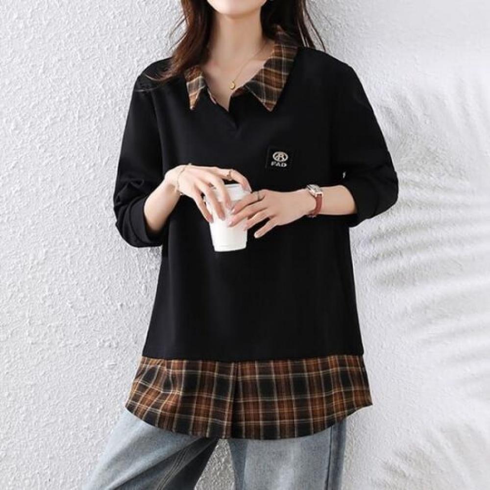 Navava Women Long Sleeve Sweatshirt Layered Check Collar Nt2972