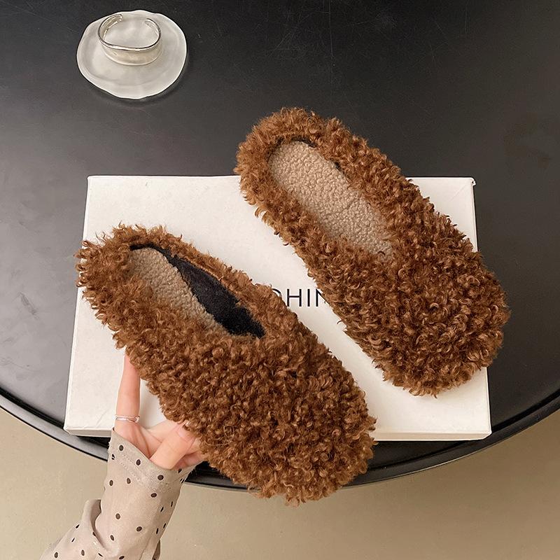 Baotou lamb wool slippers women's autumn and winter wear 2025 new thick-bottomed muffin Internet celebrity piled cotton slippers