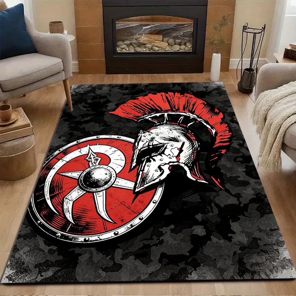 Spartan Warrior Helmet and Shield Art Patterned Carpet, Non Slip Mat Suitable for Living Room and Bedroom Sofas