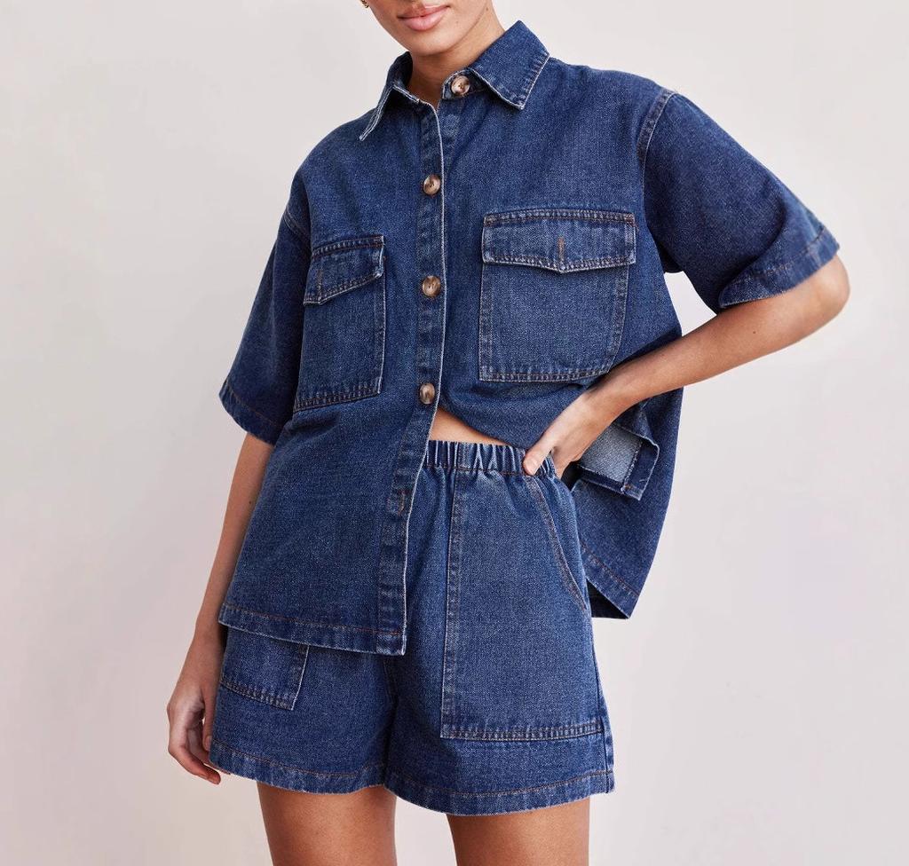 Women's Two Piece Matching Set Half Sleeve Denim Shirt Elastic Waist Denim Shorts Casual Streetwear Outfit Co-ords