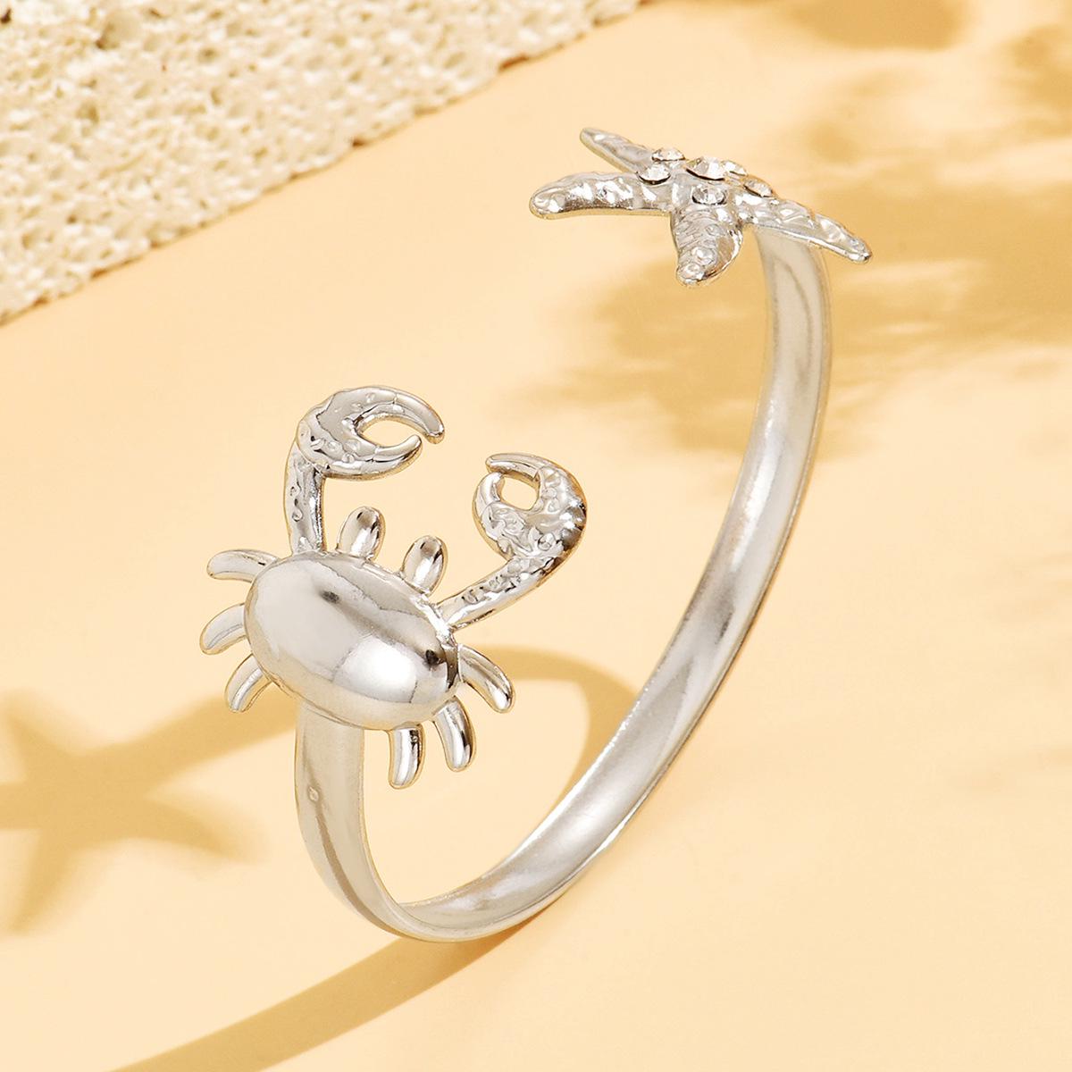 Starfish Rhinestone Stainless Steel Bracelet - Women s Cute Crab Openable Bangle