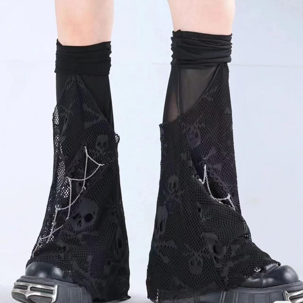 Skeleton Thigh-High Fishnet Leg Warmers: Dark Subculture Flared Scrunch Socks