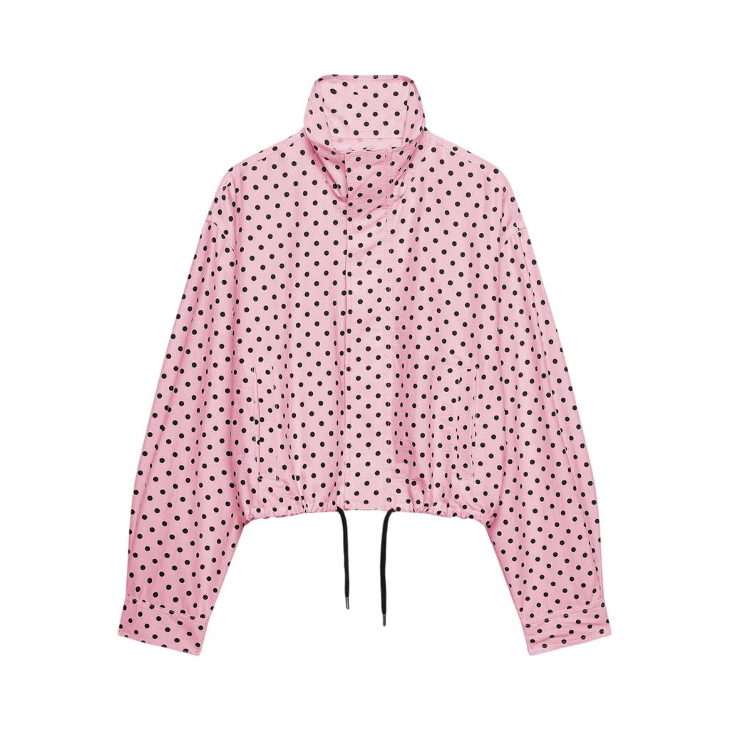 Chaqueta Ligera de Mujer con Cuello Alto, Lunares, Mangas Abullonadas, Dobladillo con Cordón, Ropa Exterior Casual