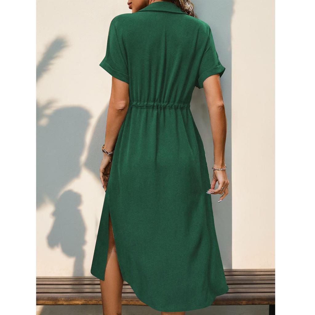Women's Casual And Fashionable Solid Color V-Neck Pocket Button Drawstring Short Sleeved Dress