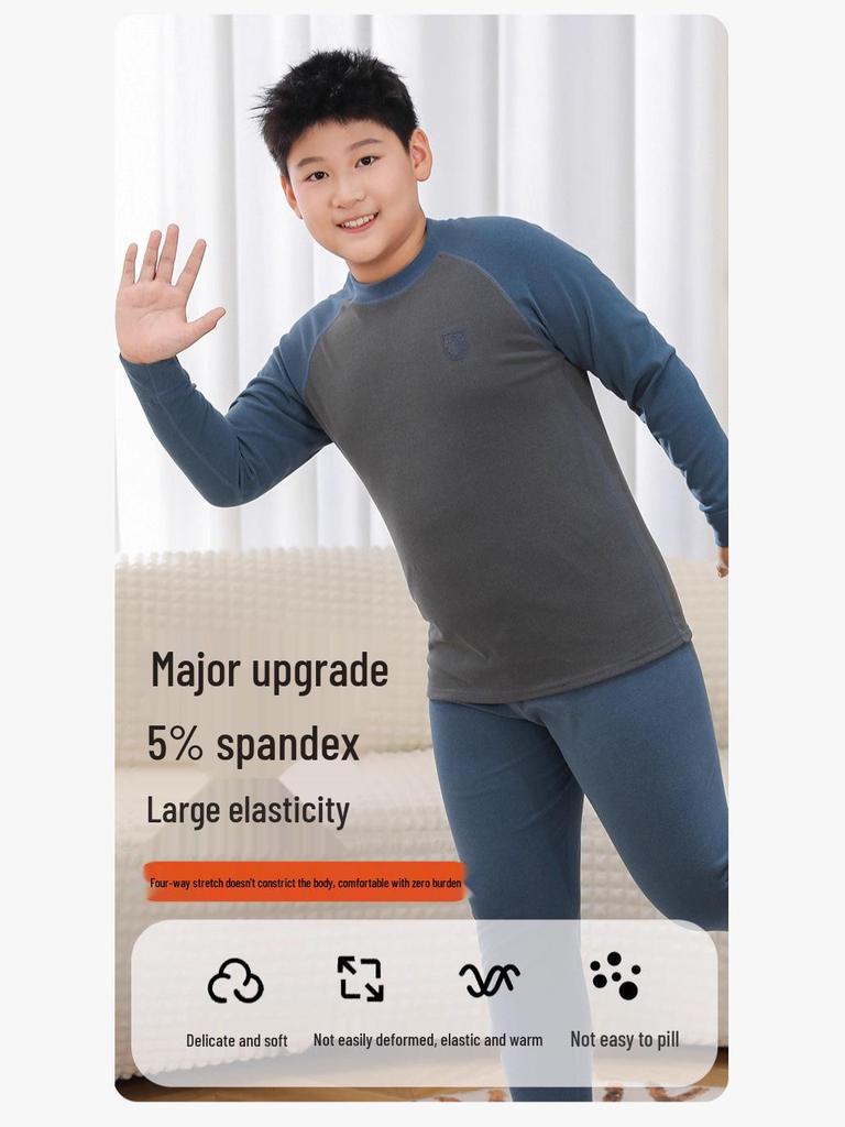 Cozy Kids' Patchwork Thermal Set: Antibacterial Boys' & Girls' Underwear and Pajamas for Autumn & Winter