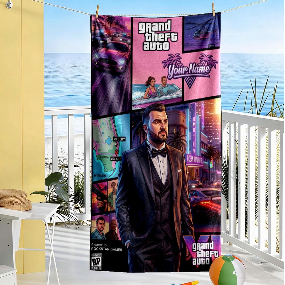 Grand Theft Auto Customize Your Name Beach Towel High Absorbency & Quick-Dry Suitable for Sports Travel Swimming Yoga Bathroom Beach And Pool