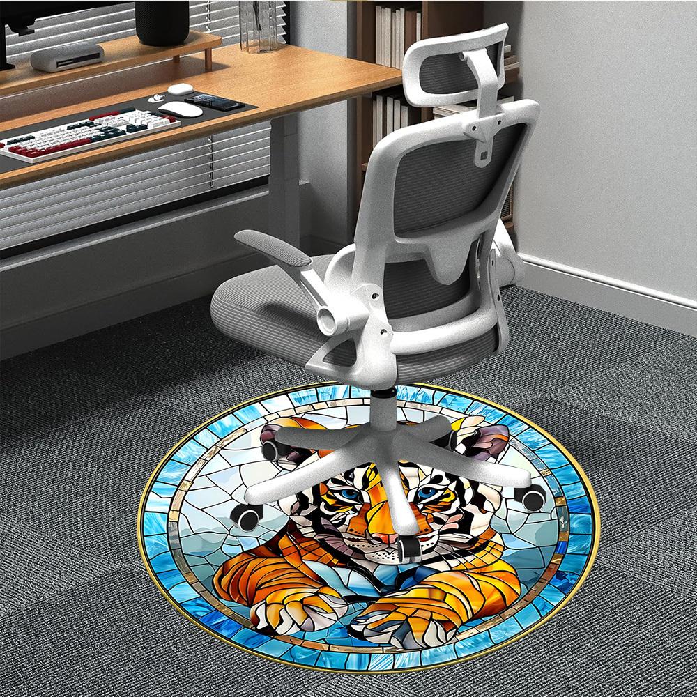 

1pc Tiger StainedGlass Office Round Area Rug, Indoor Mat Suitable For Office, Under Office Chairs Bedroom Living Room Home Decor, Room Deco 066 80cm by 80cm