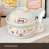 Line Dog Ceramic Noodle & Rice Bowl with Lid and Spoon