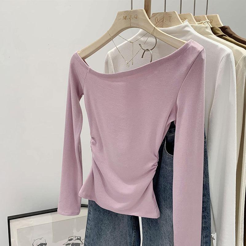 Early spring niche unique off-the-shoulder diagonal-neck bottoming shirt women's card waist pleated pure desire wind long-sleeved T-shirt top
