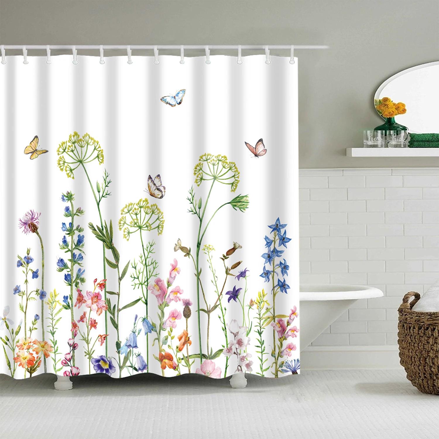 

Garden Flower Shower Curtain Botanical Floral Printed Bathroom Curtain Polyester Fabric Home Decor Bathtub Screen With Hooks W60H190(CM)-1 Pcs