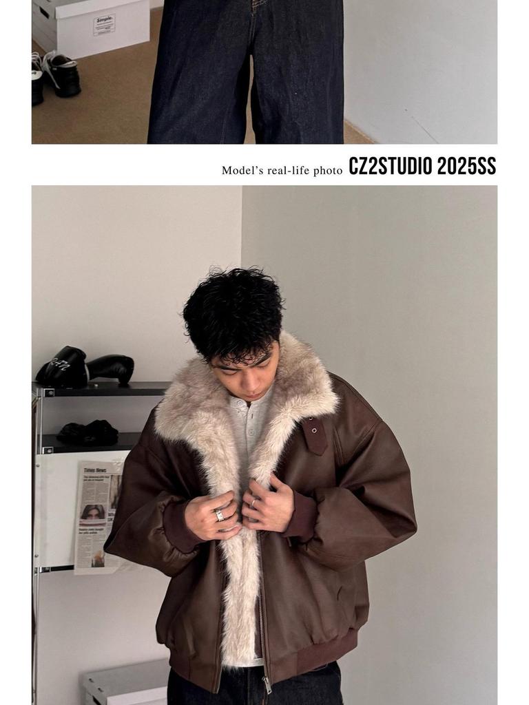 Unisex American Retro Patchwork PU Leather Jacket with Fur Collar - Winter Warm Golden Eagle Cotton Padded Outerwear