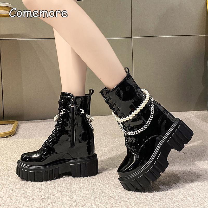 Patent Leather Pearl Chain Fashion Knee-High Riding Long Boots Anti-Slip Platform Dress Ankle Boots for Women Zapatos De Mujer
