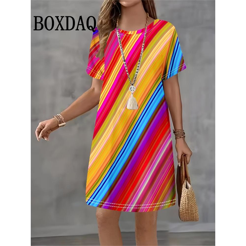 Geometric Pattern 3D Print Dress For Women 2025 New Fashion Summer Clothing Short Sleeve Loose Casual O-Neck Short A-Line Dress