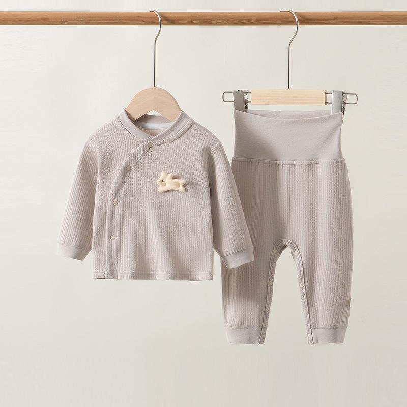 Newborn High-Waist Belly Protection Cotton Two-Piece Set for Boys and Girls - Autumn Home Wear Top and Bottoms