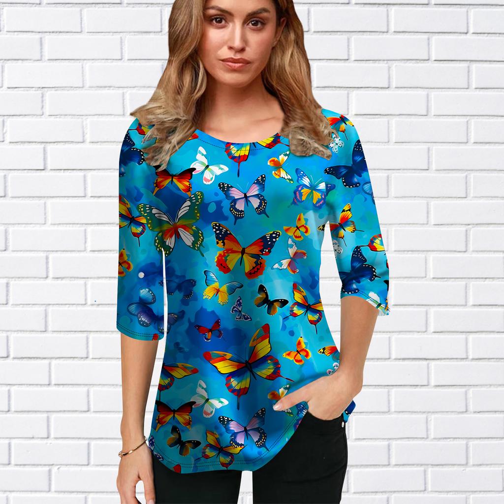 Womens Blouse 3D Colorful Butterfly Printing Flower Half Sleeve Tops Summer Casual Tops Printed Round Neck Half Sleeve T Shirt