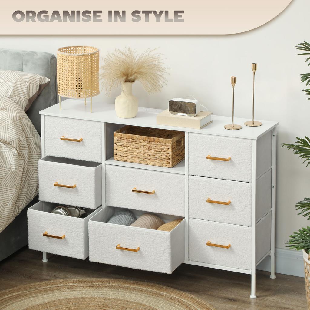Boucle Chest of Drawers, 8 Fabric Drawers Storage Organiser with Charging Station, 2 USB and 2 AC Ports, Steel Frame, Fabric Dresser for Living Room