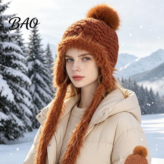 Ear Warmer Hat for Cycling Women Knitted Earflap Hat, Fuzzy Trim Pompom Soft Warm Outdoor Winter Knit Cycling, Cold Weather Daily Wear