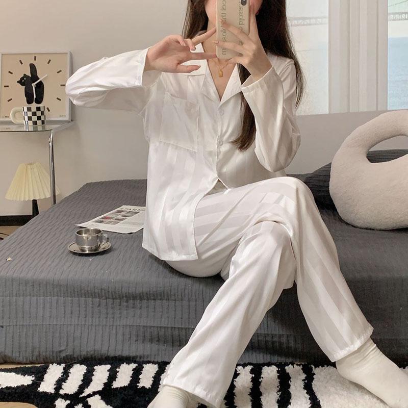 Women Pajamas Set Long Sleeves Girl Home Wear Two-Piece Set Simple Striped Cardigan Sexy Nightwear Autumn and Winter