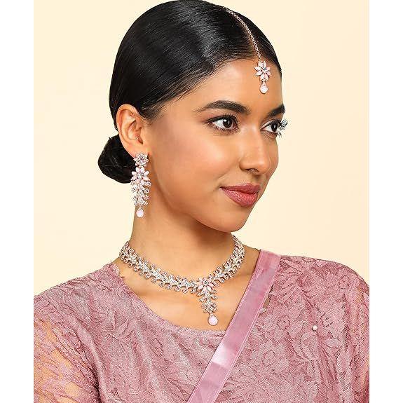 Diamond Necklace Jewellery Set for Women with Earrings and Maang Tikka for Wedding, Party, Engagements & Festivals