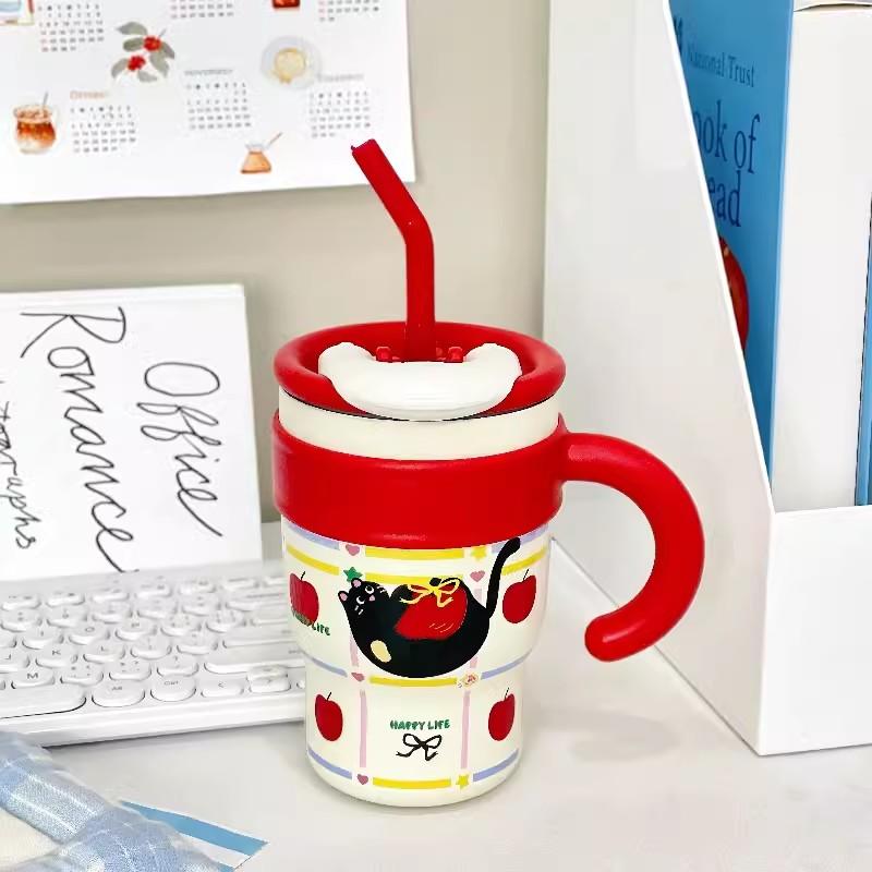 700/1200 мл Милая Термобутылка для Воды Большой Емкости Стакан с Трубочкой Нержавеющая Сталь 316 Термокружка Мороженое Офисная Кофейная Кружка 700-1200ml