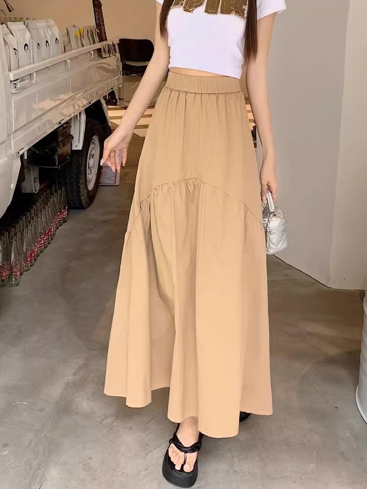 

Spring/Summer 2024 Women s Petite Pleated Patchwork Midi Skirt with Elastic Waist S хаки