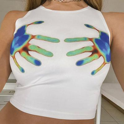 Verão Nova Moda Feminina Palm Print Em Torno Do Pescoço Sem Mangas Slim Curto Aberto Colete Umbilical