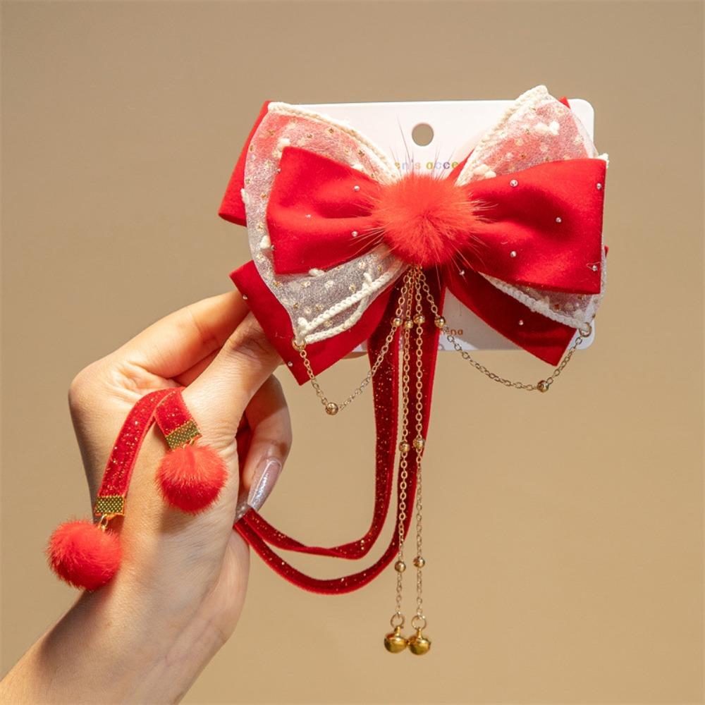 Tassel Red Bow Hair Clip Lion Embroidered Bow Headwear Children's Chinese Hairpin Decoration