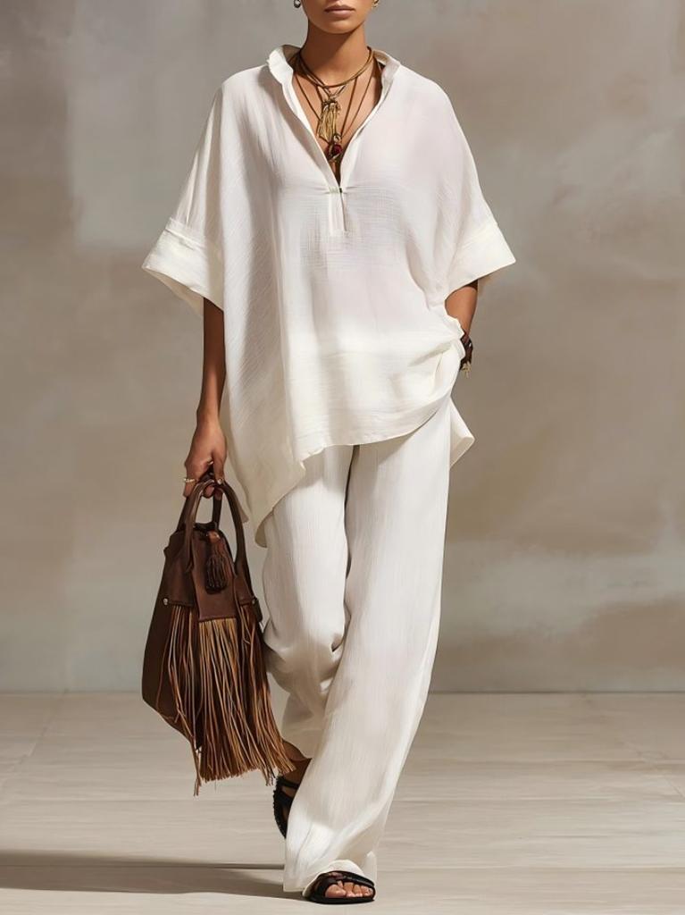 Women's Summer/Fall Casual Relaxed-Fit Solid-Color Shirt and Wide-Leg Pants Set