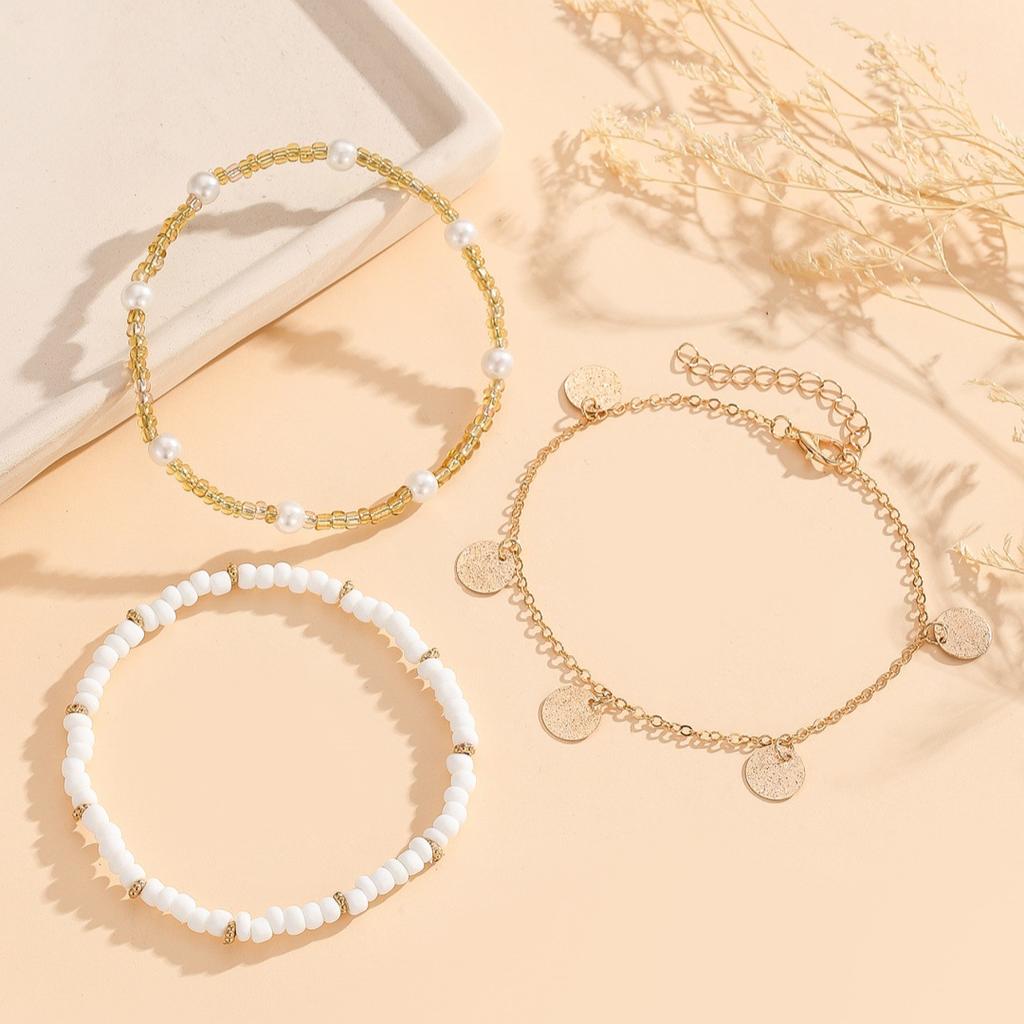 3pcs Shell Starfish Beaded Ankle Bracelet Ocean Style Women'S Anklets Bracelet Seashell White Round Bead Multi-Strand Anklet Set Glass Material
