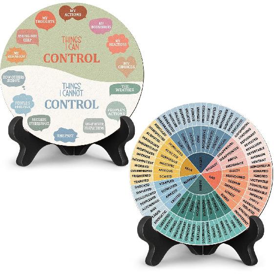 2 Pcs Feelings Wheel Therapy Office Desk Decor Things I Can Control Double Sided Mental Health Emotions Chart with Stand Therapist Gifts Psychology
