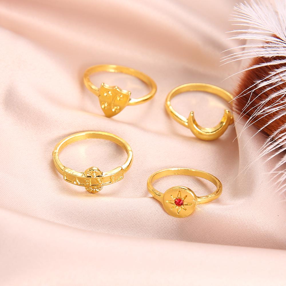 Jewelry Gold Set Red Dazzling Jewel Crescent Set Ring 4-Piece Set Women