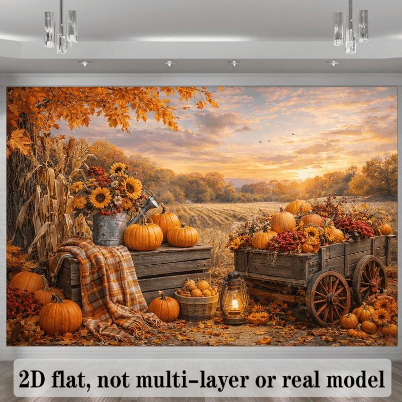 2D flat colorful autumn harvest background fabric, featuring orange pumpkins, hay stacks, and wooden carts