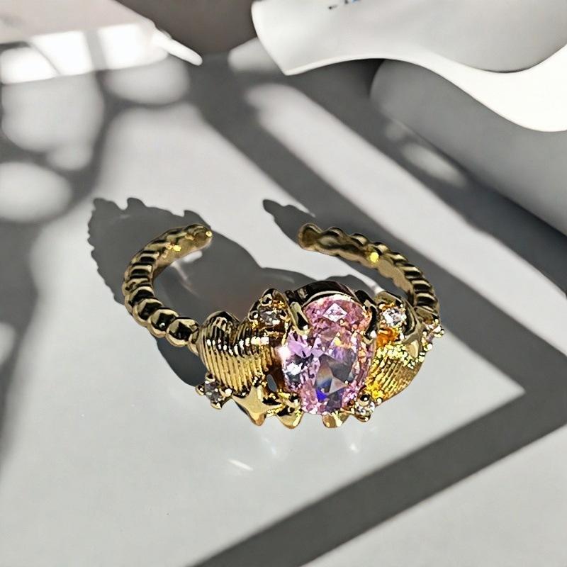 Medieval Bauhinia Flower Gourd Open Ring Women'S Light Luxury Niche Exquisite Pink Zircon High-End Chain Ring