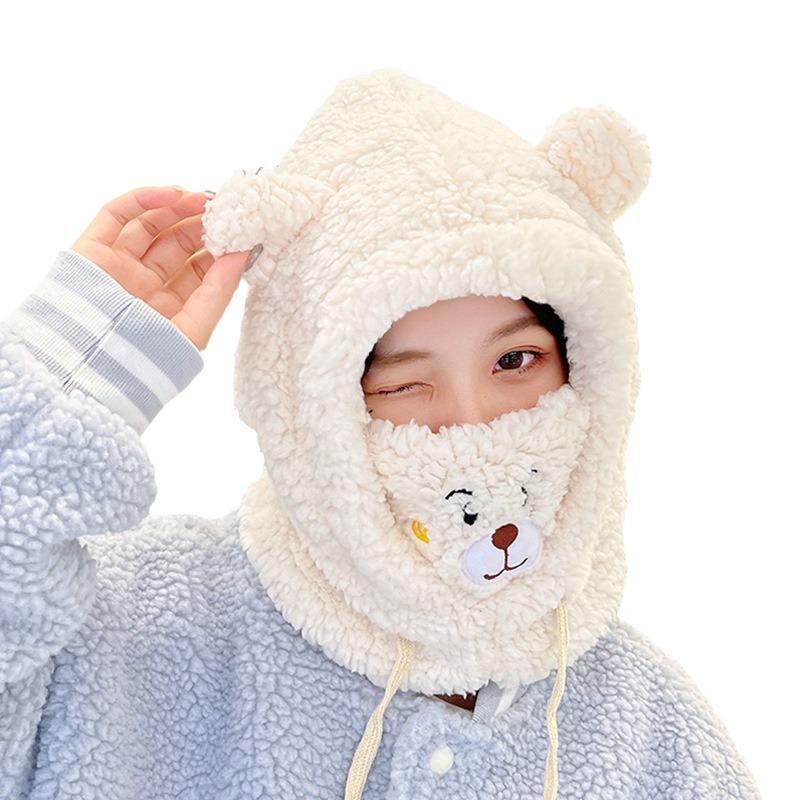 Damen Wintermütze mit Bären-Motiv, Schal und winddichtem Stirnband und Maske
