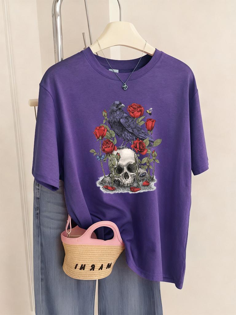 Roses With Skulls Prints T-Shirt Womens Summer Soft T Shirts Loose O-Neck Short Sleeve Tops Casual Comfortable Woman Streetwear