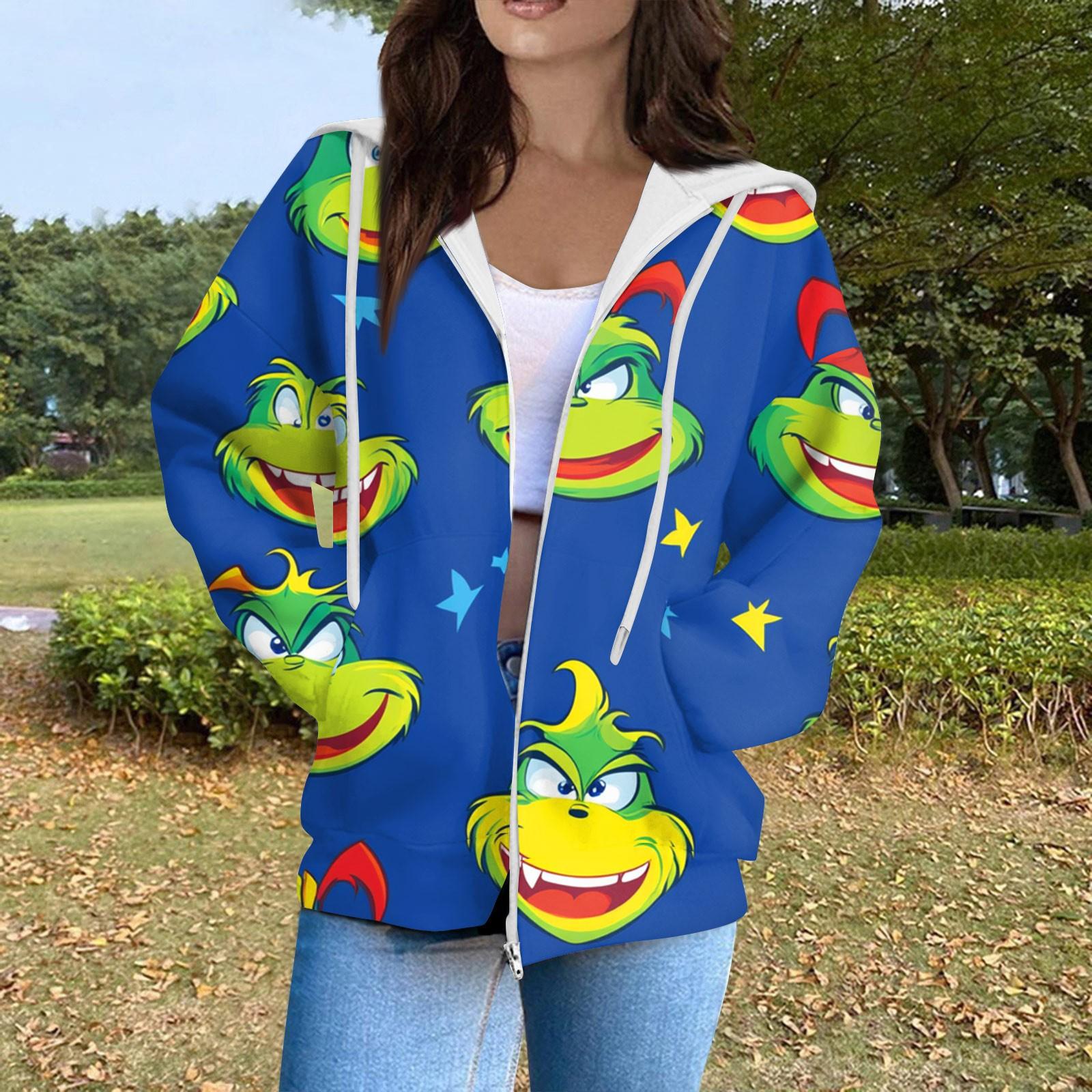 

Жіноча модна повсякденна різдвяна толстовка з довгим рукавом і кишенею, пальто з капюшоном на блискавці XL синій