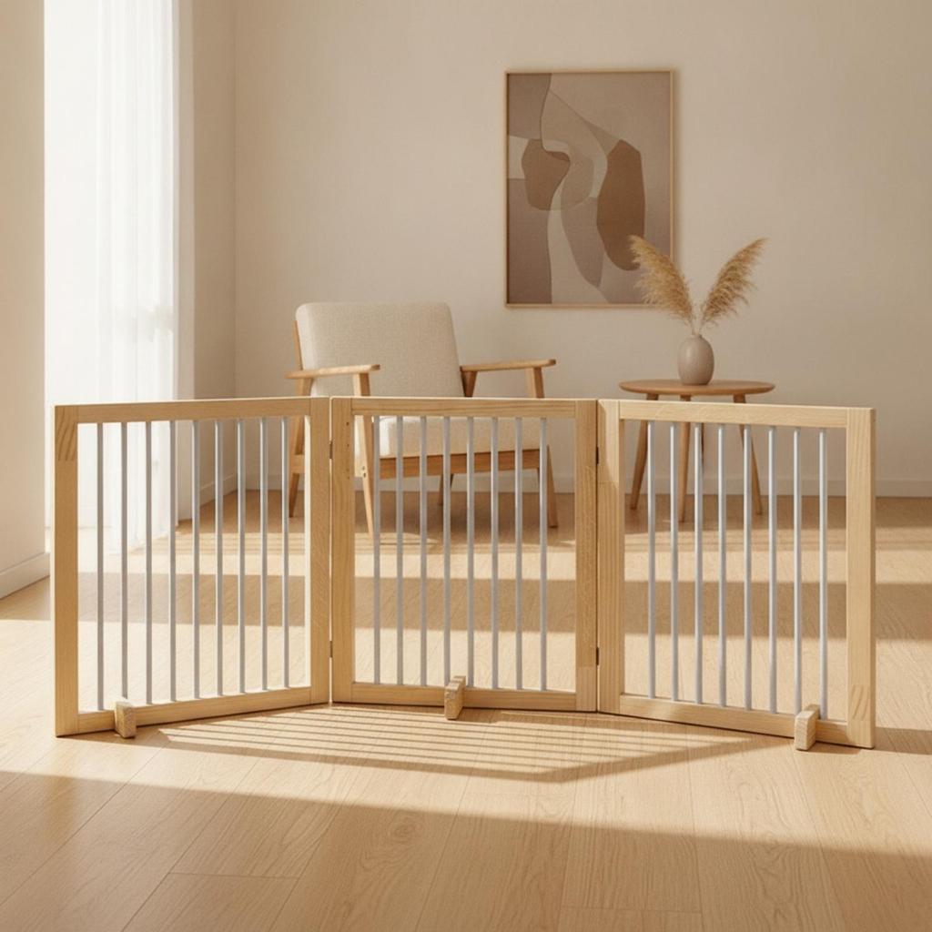 Freestanding Wooden Pet Gate with Folding Panels for Indoor Doorways