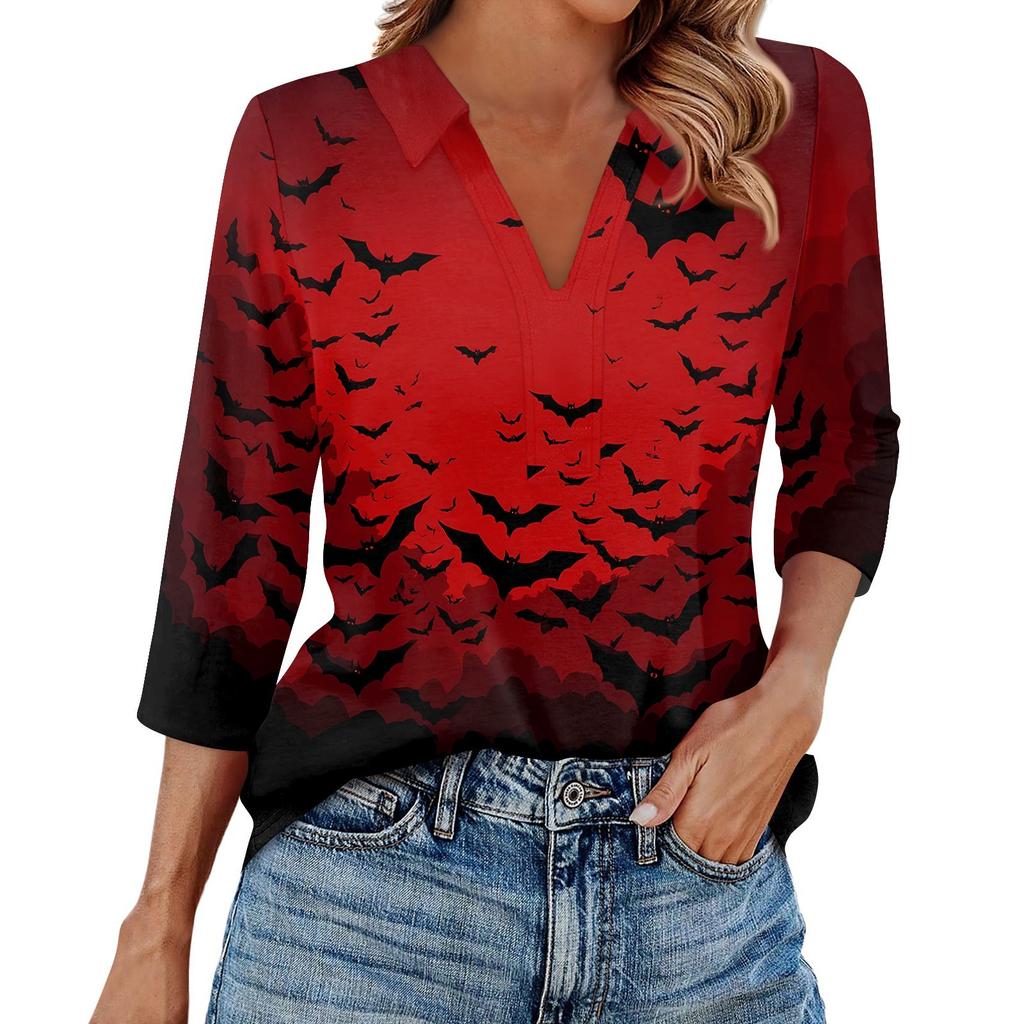 Women's Fashion Casual Lapel 3/4 Sleeve Halloween Print Shirt Women's V-Neck Tops