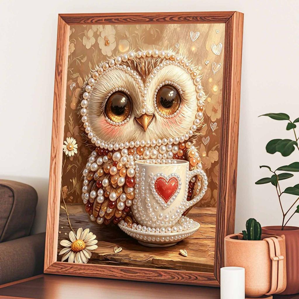 Framed Pearl Bead Painting Kit Cute Owl with Coffee Cup DIY Shiny Canvas Art Relaxing Craft Gift for Craft Lovers Home Decor 12345