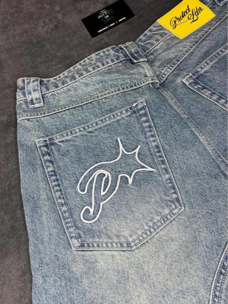 Short en jean RogueWave Lettre Rétro Y2K Homme Harajuku Hip Hop Broderie Lettre Bleu Rétro Short Ample Pantalon Au-Dessus du Genou Short Décontracté