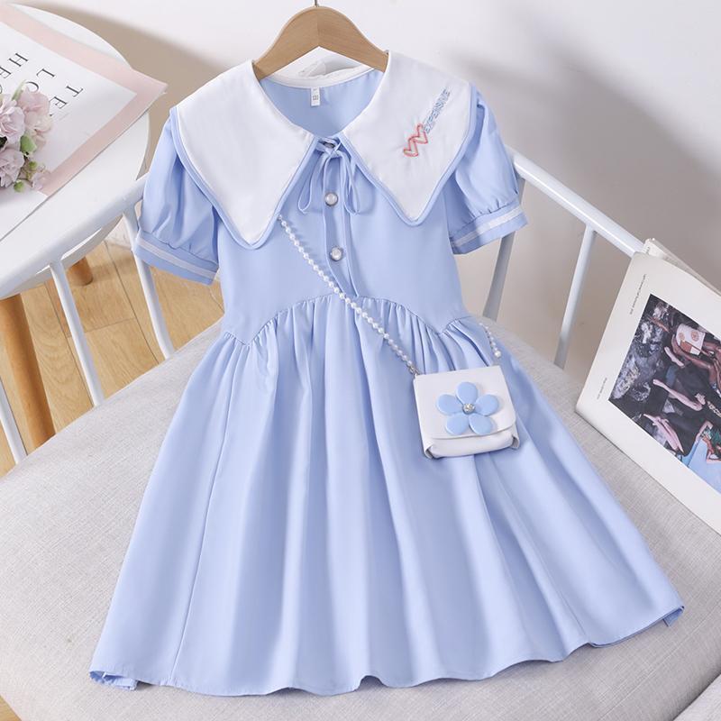 Girls Korean Short Sleeve Dress with Peter Pan Collar Summer Princess Dress for Big Kids