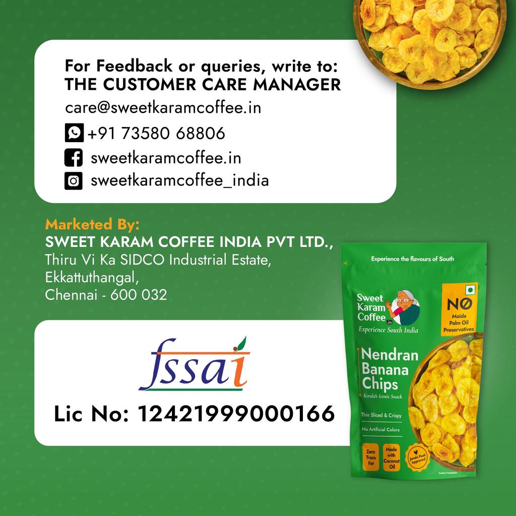 Sweet Karam Coffee Nendran Banana Chips - 95 Grams | Made with 100% Coconut Oil | No Preservatives | Kerala Special Crispy, Thin Sliced Yel