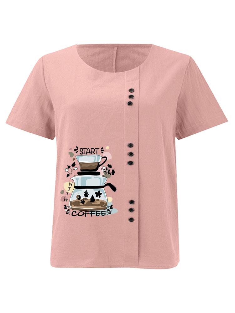Women s Fashion Coffee Cup Letter Pattern Print Round Neck Short Sleeve T-shirt Summer Casual Cotton Linen Graphic Shirt Leisure Loose Blouse Tops S
